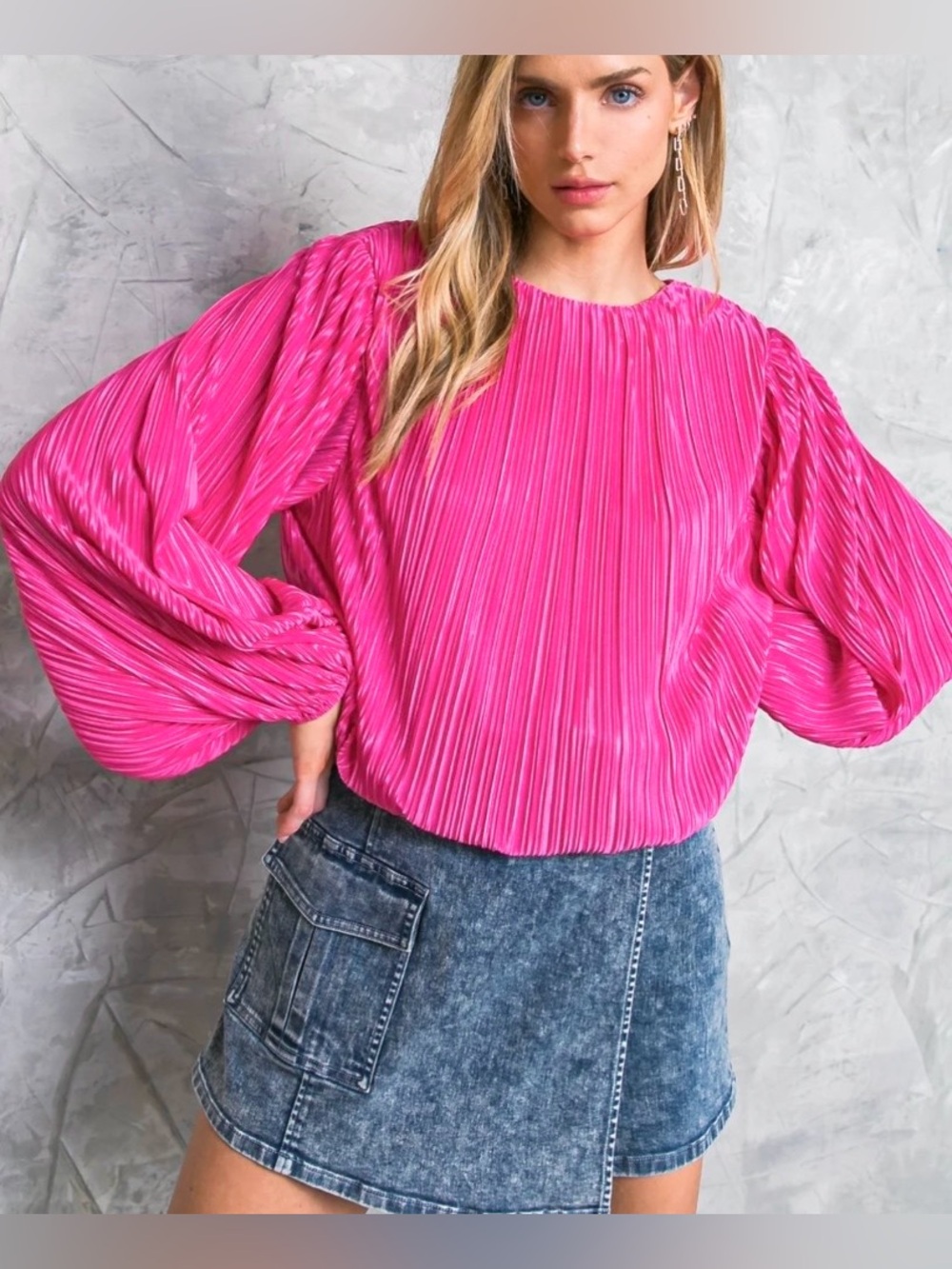 Flying Tomato Hot Pink Pleated Long Sleeve Top